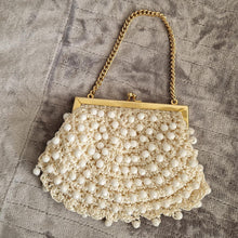 Load image into Gallery viewer, Vintage 1960s White Beaded Crochet Evening Purse with Gold-Tone Frame and Chain Handle
