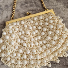 Load image into Gallery viewer, Vintage 1960s White Beaded Crochet Evening Purse with Gold-Tone Frame and Chain Handle
