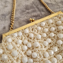 Load image into Gallery viewer, Vintage 1960s White Beaded Crochet Evening Purse with Gold-Tone Frame and Chain Handle
