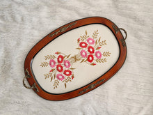 Load image into Gallery viewer, Vintage Glass-Topped Vanity Tray with Red and Pink Floral Embroidery – Elegant Retro Charm
