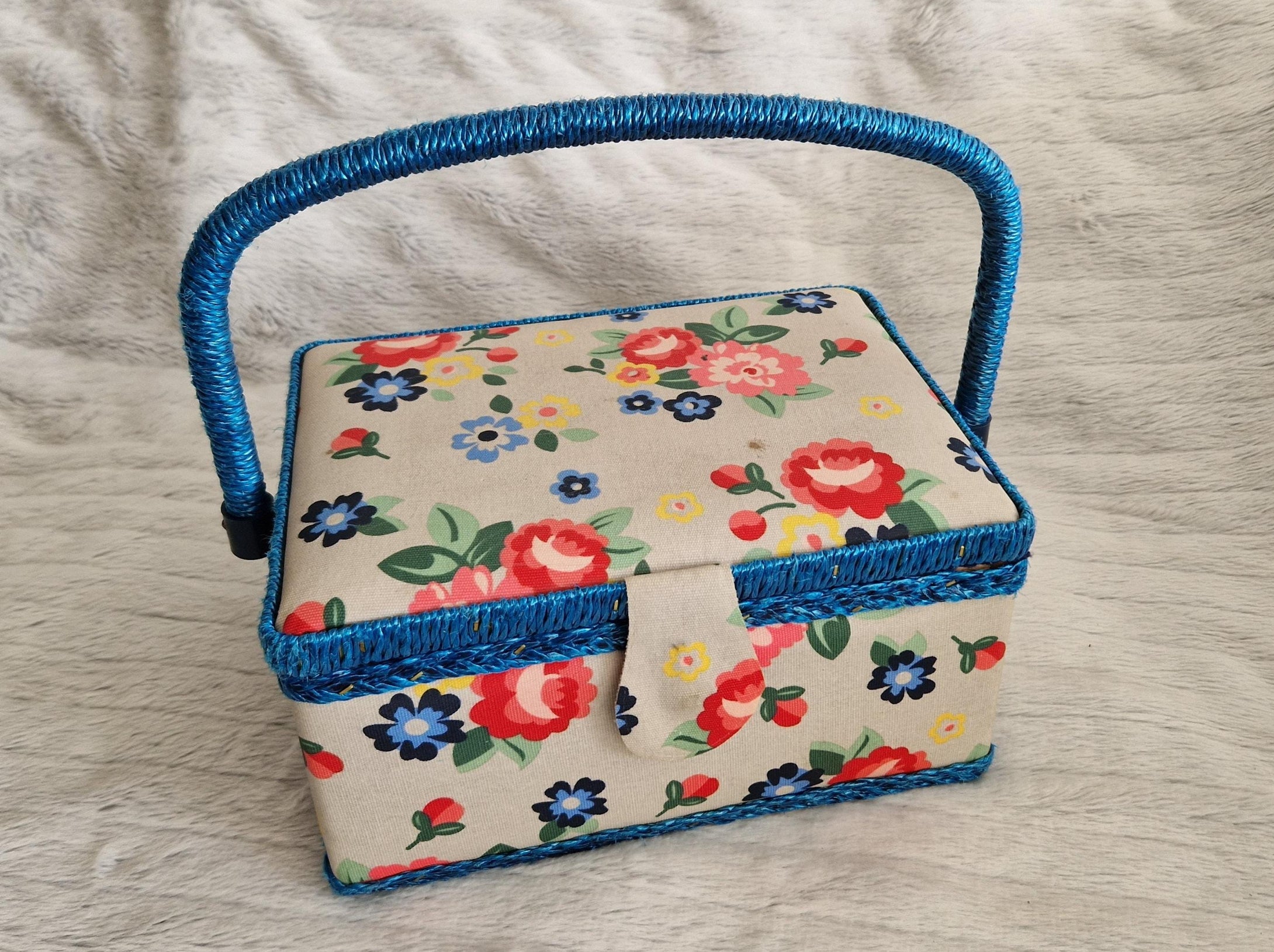 Vintage 1980s Retro Floral Sewing Basket – Rectangular Shape with Blue, Pink & Red Flowers