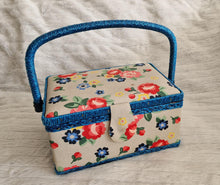 Load image into Gallery viewer, Vintage 1980s Retro Floral Sewing Basket – Rectangular Shape with Blue, Pink &amp; Red Flowers
