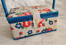 Load image into Gallery viewer, Vintage 1980s Retro Floral Sewing Basket – Rectangular Shape with Blue, Pink &amp; Red Flowers

