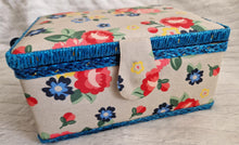Load image into Gallery viewer, Vintage 1980s Retro Floral Sewing Basket – Rectangular Shape with Blue, Pink &amp; Red Flowers
