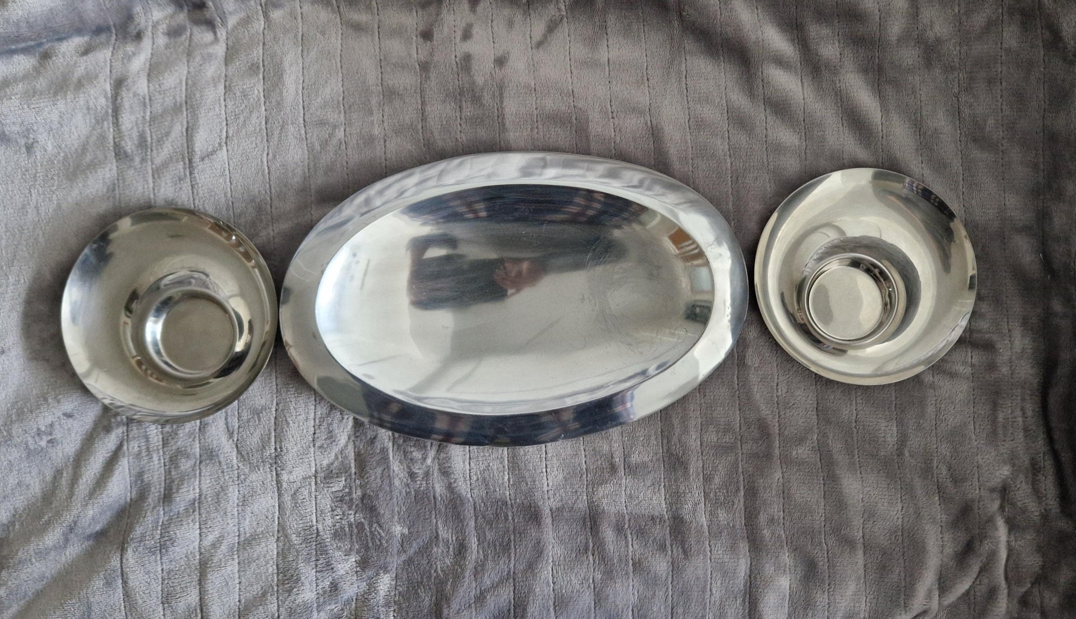 Rare Vintage Chrome Table Centre Piece Deco : 1 Oval Dish and 2 Round Tealight Candle Holders