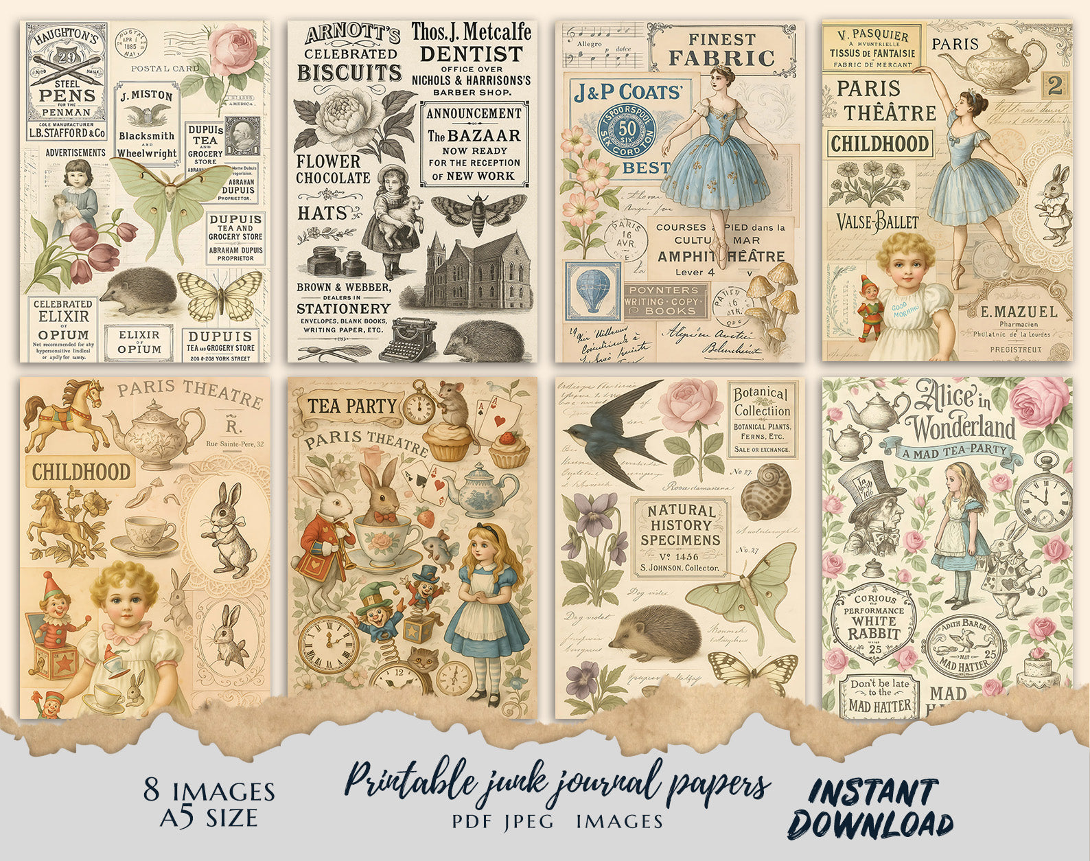 Printable Junk Journal Papers | 8 Vintage A5 Collage Pages | Digital Ephemera Kit | Instant Download | Antique Advertisements, Alice in Wonderland, Natural History | JPEG & PDF
