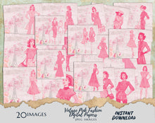 Load image into Gallery viewer, Vintage Retro Fashion Printable Pink Theme Fashion Junk Journal Pages Digital Papers 70s Fashion Scrapbook Supplies Fashion Show Ephemera
