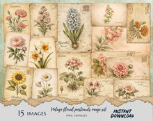 Load image into Gallery viewer, Antique Floral Postcard Bundle PNG | Vintage Botanical Clipart Set | Junk Journal Ephemera | Printable Shabby Chic Flower Images
