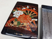 Load image into Gallery viewer, Vintage Japanese Black Lacquerware Kanebo Storage Box Lotus Flowers Sakura
