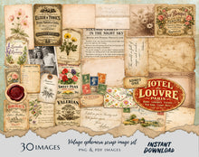 Load image into Gallery viewer, Vintage Scrapbook Ephemera Kit – 30 Antique Printable Papers, Junk Journal Collage Pack, Old Labels, Letters &amp; Botanical PNG PDF Download
