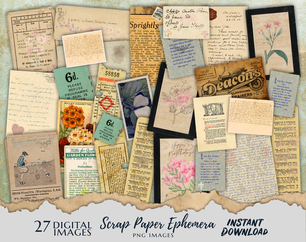 Vintage Scrap Paper Ephemera Images DIY Art Journaling Supplies Retro Junk Journal Supply Instant Digital Download