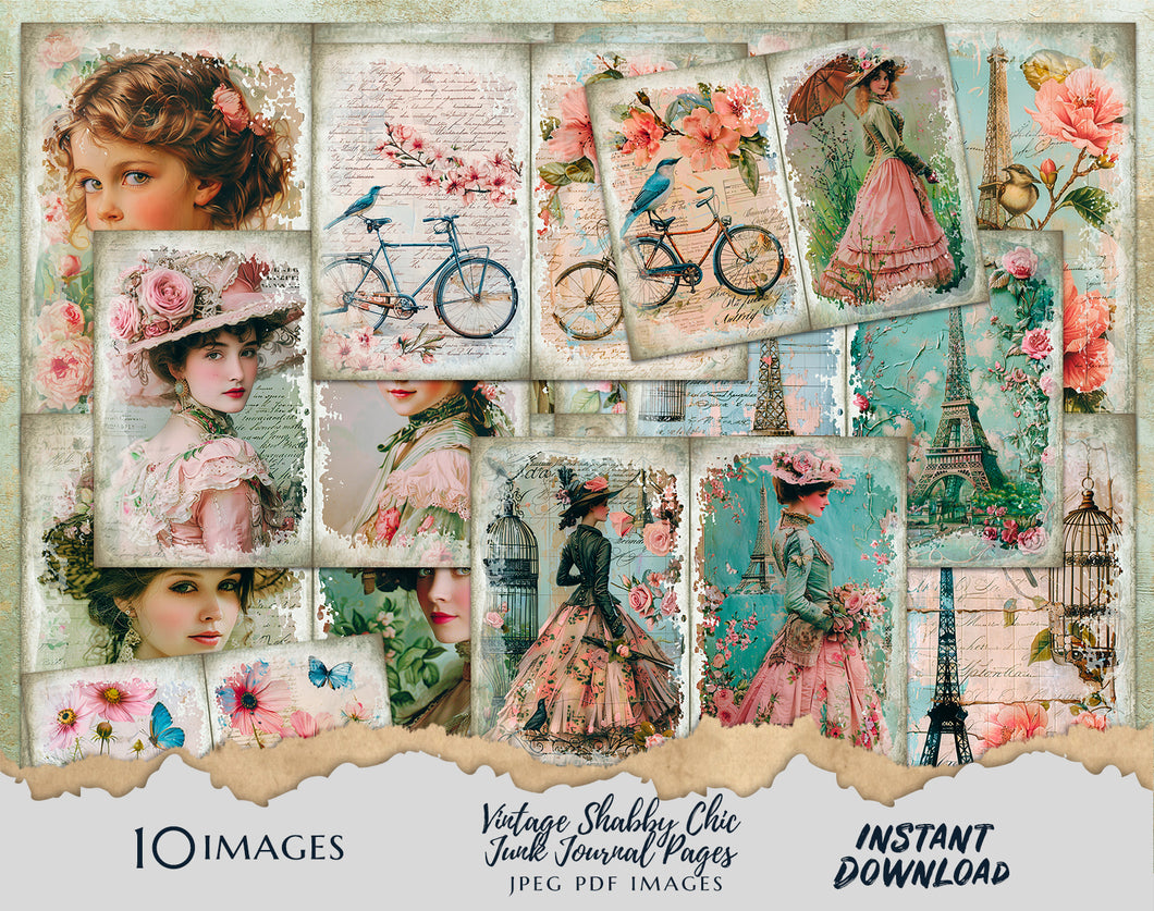 Shabby Chic Old Paper Floral Pretty Lady Cute Girl Paris Theme Junk Journal Printable Pages - Floral Ephemera - Digital Download