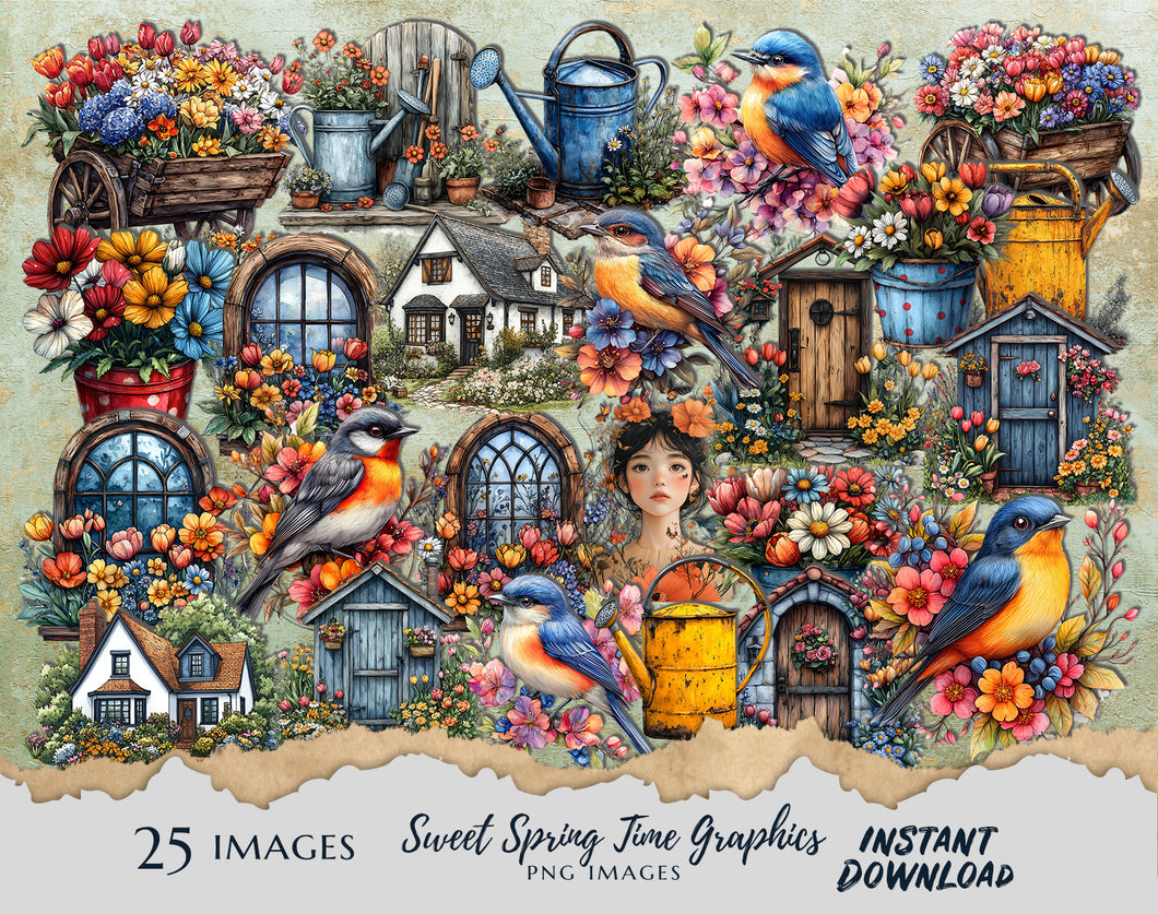 Sweet Spring Time Graphics Pack - 25 PNG Images - Instant Digital Download