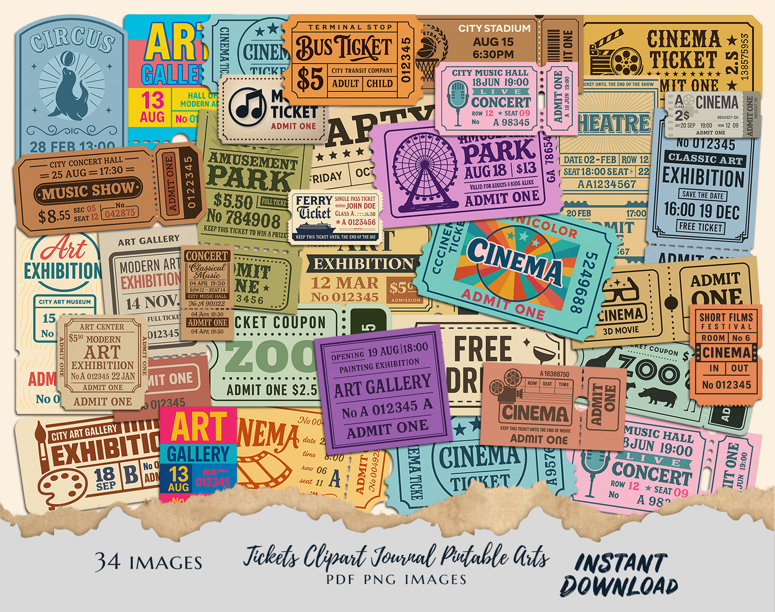 Vintage Ticket Clipart Bundle – 34 PNG & PDF Images for Junk Journals, Scrapbooking & Printable Art