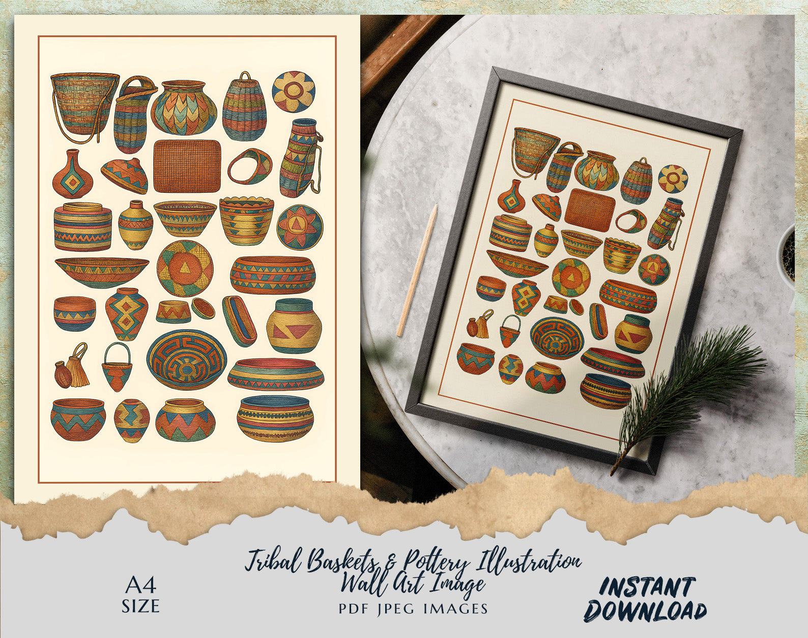 Colorful Tribal Baskets & Pottery Wall Art – Digital Download | A4 JPEG & PDF File
