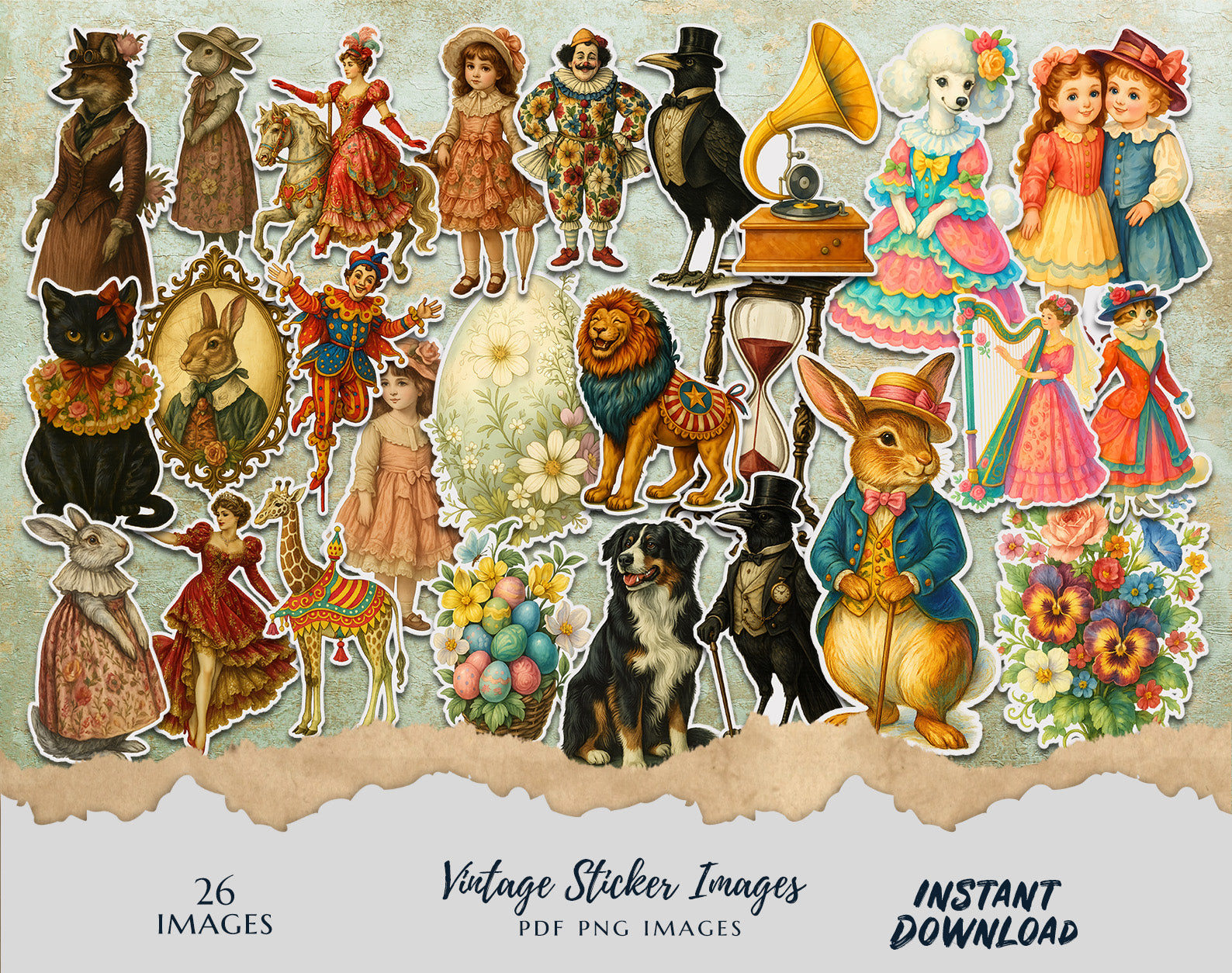 Vintage Sticker Images – 26 PNG & PDF Instant Download – Whimsical Victorian Animals, Easter Basket, Circus, Flowers & Children