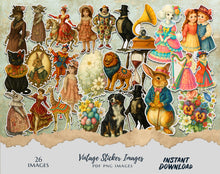Load image into Gallery viewer, Vintage Sticker Images – 26 PNG &amp; PDF Instant Download – Whimsical Victorian Animals, Easter Basket, Circus, Flowers &amp; Children
