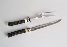 Load image into Gallery viewer, Vintage! Bone / Antler Sterling Handle Meat Fork and Knife, Bakelite
