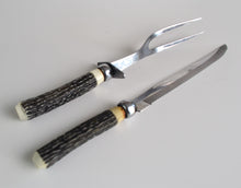 Load image into Gallery viewer, Vintage! Bone / Antler Sterling Handle Meat Fork and Knife, Bakelite
